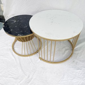 Mesa de Sofá Redonda Doble con Tapa de Piedra y Patas de Hierro Amarillo 60x60x45cm TT68165 - Product Image 6