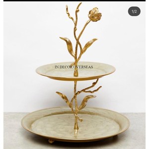 Trendy Pattern Arrival Floral Designer High Grade Gold Plated Premium Quality Antique Fancy Texture 2 <b>Tier</b> Luxury <b>Cake</b> Stand - Product Image 1