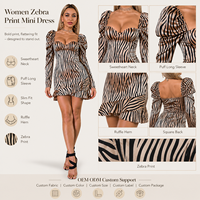 Robe Courte Femme Imprimé Zèbre Col Cœur Manches Longues Bouffantes Coupe Ajustée Ourlet Volanté Robe de Soirée Fabricant OEM ODM