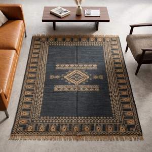 Tapis Kilim Dhurrie bleu marine moderne, fait main, écologique, en laine/soie, avec support en jute antidérapant, tissage plat géométrique tribal pour la maison - Product Image 1