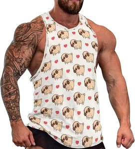 Lovely Pug Dogs Débardeur sans manches 100 % coton à col rond pour hommes, idéal pour la gym, le fitness et les tenues décontractées - Product Image 1