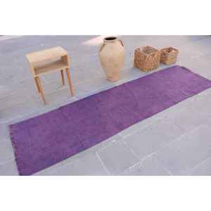 Alfombra Turca Vintage de 2.5x8.8 pies, Alfombra de Lana con Rayas Marrón Púrpura - Product Image 2