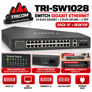 Switch Ethernet Gigabit Full-Duplex TRICOM a 24 Porte, 24 RJ45 + 2 Uplink + 2 SFP, Formato 1U per Rack o Desktop, QoS, Impilabile - Product Image 3