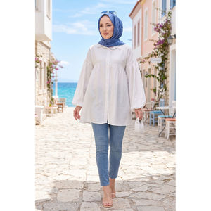 Tunique simple et tendance à manches ballon, détails froncés, en popeline de coton satiné blanc imprimé, décontractée pour le quotidien, tailles XL, L, XL, pour le printemps et l'automne - Product Image 1