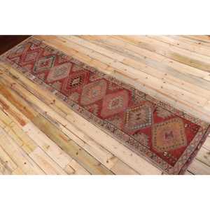 2.2x11 ft Rug, Vintage Turkish Rug, <b>Red</b> Brown Camouflage <b>Wool</b> Rug - Product Image 4