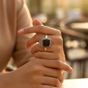 Men's 925 Sterling Silver Geometric <b>Onyx</b> Cocktail <b>Ring</b> <b>Signet</b> Bezel Setting Everyday Wear Religious Type ALL - Product Image 1