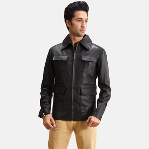 Chaqueta bomber Varsity de piel auténtica negra lisa con logotipo bordado personalizado para hombre, venta al por mayor - Product Image 1