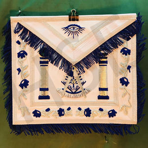 Masonic Master Mason <b>White</b> Apron Hand Embroidered Lodge Regalia with <b>Silver</b> Fringe <b>and</b> Columns Design - Product Image 1