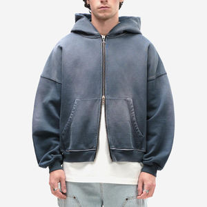 Sweat à capuche personnalisé 100% coton à fermeture éclair Double fermeture éclair Vintage lavé 400gsm ourlet court lavage à l'acide à capuche pour hommes - Product Image 1
