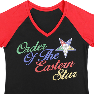 OES T-shirt noir à col en V 100% coton Chemise Order of Eastern Star Vêtements personnalisés de sororité de la fraternité à manches raglan brodées - Product Image 3