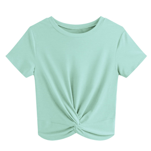 Top corto elegante de algodón para mujer, ropa de calle informal de verano, camiseta de manga corta con botones para mujer, venta al por mayor, logotipo personalizado de punto - Product Image 1