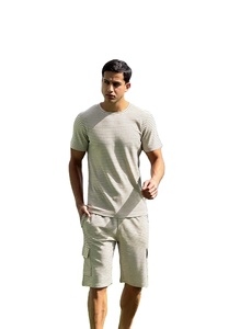 Beige Waffle <b>Knit</b> Round Neck Formal Solid Summer Breathable 100% Cotton Cargo Shorts <b>Set</b> - Product Image 3