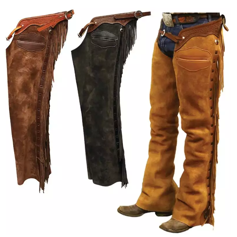 Assless Chaps en cuir de vachette pleine fleur pour homme et femme – Chaps de moto western cowboy – Fait à la main, Noir/blanc, T-Grand