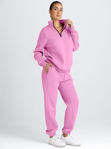 ชุดวอร์ม2ชิ้นสำหรับผู้หญิงสีชมพู, ชุดเสื้อแขนยาวซิปแบบสวมหัวและมีกระเป๋าระบายอากาศ - Product Image 3