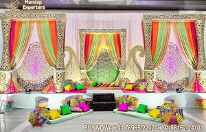 Decoración de Escenario para Eventos Preboda con Estatuas, Decoración de Boda Punjabi Maiyan, Diseño de Escenario, Ideas y Accesorios Deslumbrantes para Mehendi Sangeet - Product Image 5