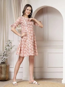 Vestido corto de algodón con bloque de mano indio, estampado Floral, ODM sostenible para damas de oficina, novia, regalo de boda, Natural personalizado - Product Image 4