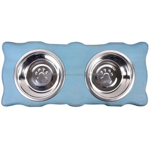 Bols surélevés en acier inoxydable en bois d'acacia lavé bleu Station d'alimentation et d'eau pour animaux de compagnie Mangeoire pour chiens et chats Bols et mangeoires surélevés - Product Image 3