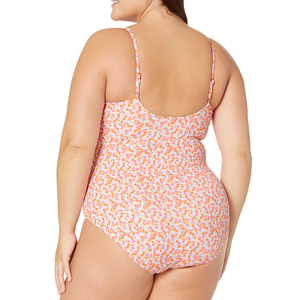 Traje de baño de una pieza para mujer, con ribete de encaje, cuello redondo, corte alto, talla grande, de spandex/poliéster - Product Image 2