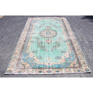 พรมวินเทจขนาด 5.4x8.7 ฟุต พรมตุรกีขนาดใหญ่ พรมขนสัตว์ลายดอกไม้สีน้ำเงินเขียว - Product Image 1