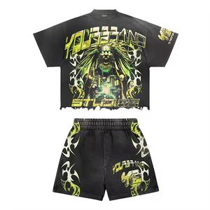 Fabricante de ropa Streetwear Impresión gráfica personalizada Hombres Camiseta de dos piezas y conjunto corto Conjunto de pantalones cortos de lavado ácido de alta calidad - Product Image 2