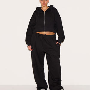 Conjunto de chándal con sudadera y pantalones de chándal de 2 piezas negro personalizado de alta calidad OEM para mujer - Product Image 1