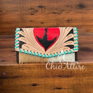 Cartera de mano tallada a mano con patrón occidental, Cartera de piel de vaca de cuero genuino elegante, carteras de cuero occidental de usos múltiples - Product Image 1