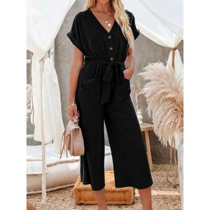 Women's Short Sleeve V-Neck Buttoned Belted <b>Pocket</b> Detail Long <b>Jumpsuit</b>, 33924 - Product Image 1