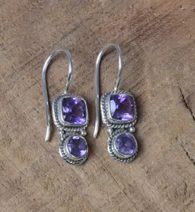 Fashion Jewelry 925 Sterling Silver Cut Purple Amethyst Natural Gemstone Elegant Hook Handmade Dual Stone Jewelry Earring