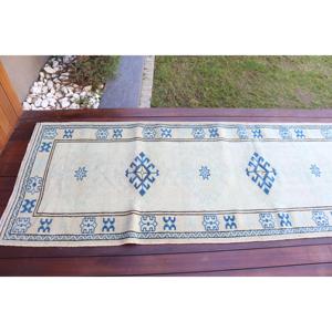 Alfombra Turca de 2.8x9.1 pies, Alfombra Floral Azul y Blanca de Lana - Product Image 5