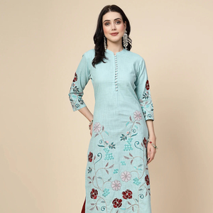 Elegante Kurti de Manga Larga hasta la Rodilla para Mujer, con Bordado Hermoso en Azul y Marrón, 100% Algodón, con Pantalones a Juego, Tendencia de Primavera - Product Image 1