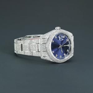 นาฬิกาข้อมือสแตนเลสสตีลหรูหราคุณภาพสูงหน้าปัดสีฟ้า VVS เพชรแสดงวันที่ควอตซ์สไตล์ธุรกิจ20มม. - Product Image 2