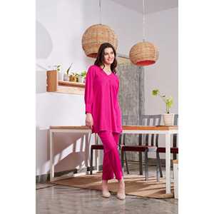 Ensemble coordonné 2 pièces pour femme en crêpe respirant magenta, avec kurta à manches longues et taille ajustable, idéal printemps/été - Product Image 2