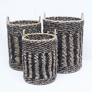 Natural Seagrass Recycled <b>Plastic</b> <b>Basket</b> Set Vertical Rib Stripe Arch Handle Cylinder Pot Planter Pure Art Setup Room Decor Art - Product Image 1