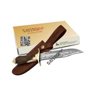 Couteau de chasse manche en os traversin en laiton 10 "avec couteau de chasse acier damas: 1095 + 15N20 acier à haute teneur en carbone acier damas - Product Image 4