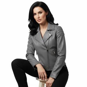 Veste de moto en cuir gris avec ferrures en laiton personnalisées, vente en gros en vrac, prix d'usine, style motard authentique, mode féminine - Product Image 1