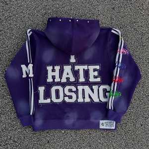 Customized Double Hood Vintage Wash Heavy Weight Distress Hem Zipper <b>Hoodie</b> Applique Embroidery Casual Oversized Men <b>Hoodie</b> - Product Image 2