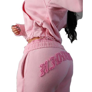 Ensemble de survêtement pour femmes de haute qualité, broderie usée, streetwear, deux pièces, sweat-shirt à capuche court zippé et pantalon de survêtement à jambes larges - Product Image 5