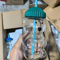 Botol Minum Kaca Bentuk Beruang Teddy Kreatif Harga Murah Model Terbaru, Tumbler Lucu Bergambar Kartun dengan Sedotan