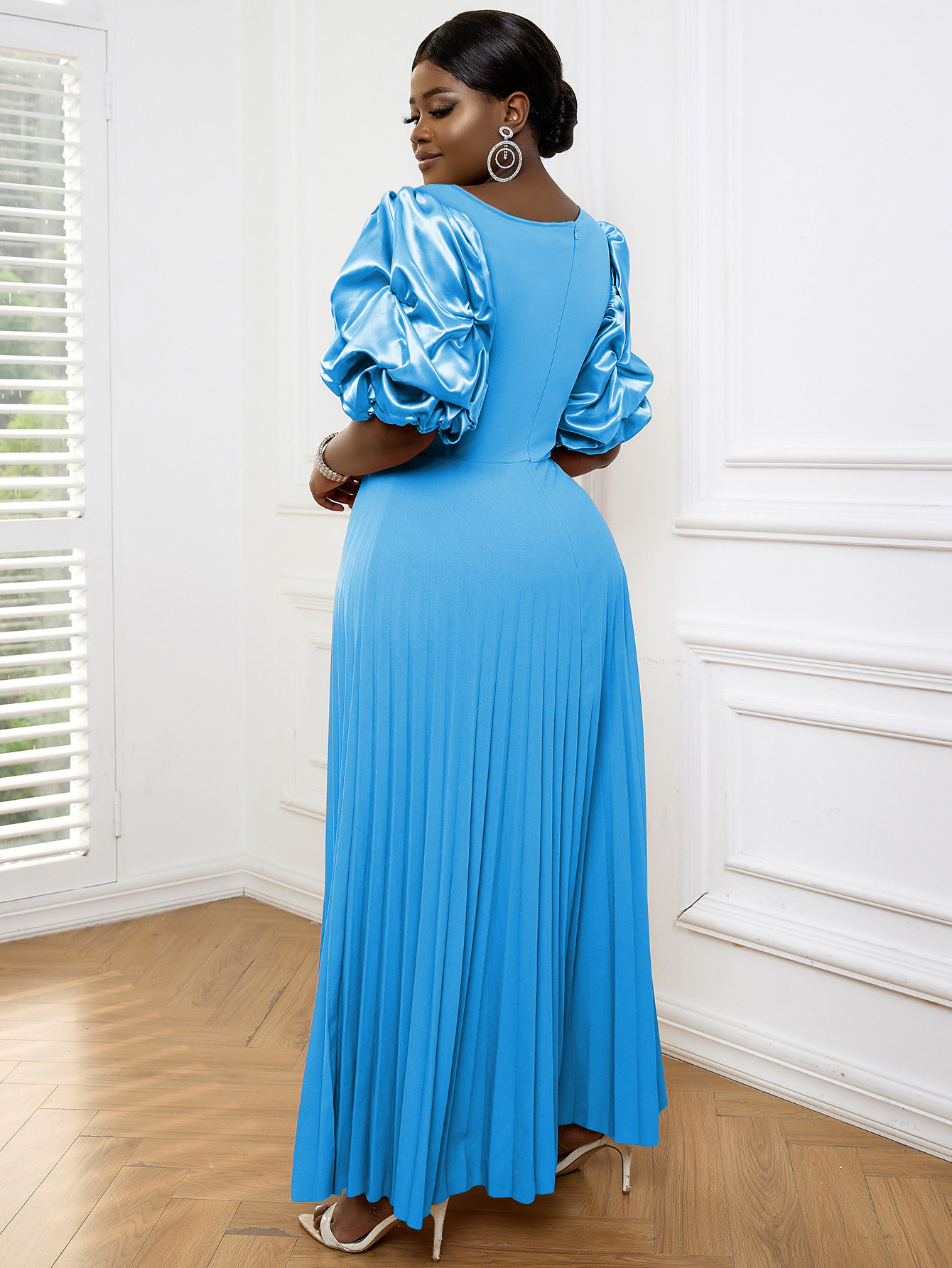 Blue Short Satin Sleeves African Maxi Women Plus Size Pleated Dresses