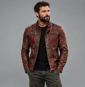 Veste en cuir pour homme avec boutons à double boutonnage et col montant - Product Image 5