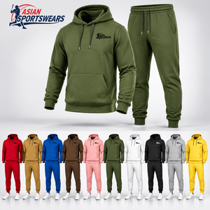 <b>Men's</b> Olive <b>Green</b> Hooded <b>Tracksuit</b> 100% Cotton Full Sleeve Solid Color Casual Jogging Set with Front Logo Print - Product Image 3