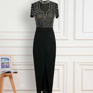 Robes de soirée élégantes noires pour femmes, en satin moulant avec perles et patchwork, taille naturelle, collection printemps - Product Image 2