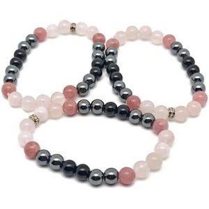 Bracciale da uomo con taglio liscio 8mm forma rotonda in ematite naturale ossidiana fragola quarzo e perline di cristallo di quarzo rosa estensibili - Product Image 3
