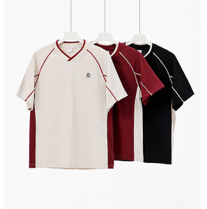 260 Grammes 60% Coton 40% Polyester Rayures Contrastées Col V Hommes T-shirt Oversize - Product Image 5