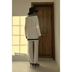 <b>Women's</b> Off-White and <b>Black</b> Striped Collarless <b>Jacket</b> and Trousers Set Wholesale <b>Suit</b> Sets - Product Image 1