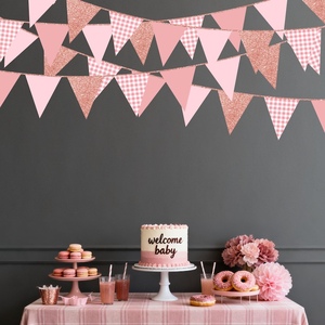 <span class=keywords><strong>Guirlande</strong></span> triangulaire personnalisée en papier <span class=keywords><strong>rose</strong></span> doré à carreaux pour la décoration de fête d'anniversaire, de baby shower ou de mariage - Product Image 2