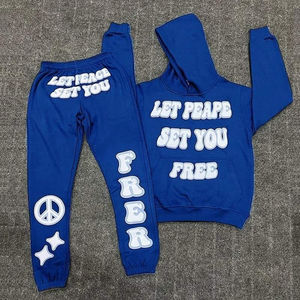 Vente en gros de survêtement pour hommes sweat à capuche et pantalon de survêtement imprimés en éponge française OEM couleur bleue unie personnalisé possédez votre nom de marque et design - Product Image 1