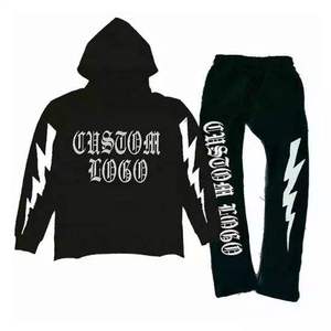 Ensemble survêtement pour homme en polyester/coton personnalisé, avec logo, pantalon de survêtement lourd, pantalon de survêtement évasé, ensemble sweat-shirt, tissé, décontracté, uni - Product Image 5