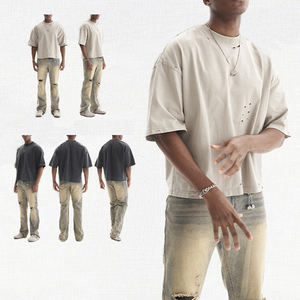 T-shirt court de couleur unie rétro adolescent poids lourd col épais en détresse hommes lavage à l'acide surdimensionné logo personnalisé découpé - Product Image 5