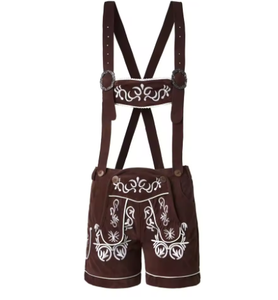 Lederhosen en daim marron de style bavarois pour femmes avec broderie blanche et décoration de boutons longueur genou - Product Image 4